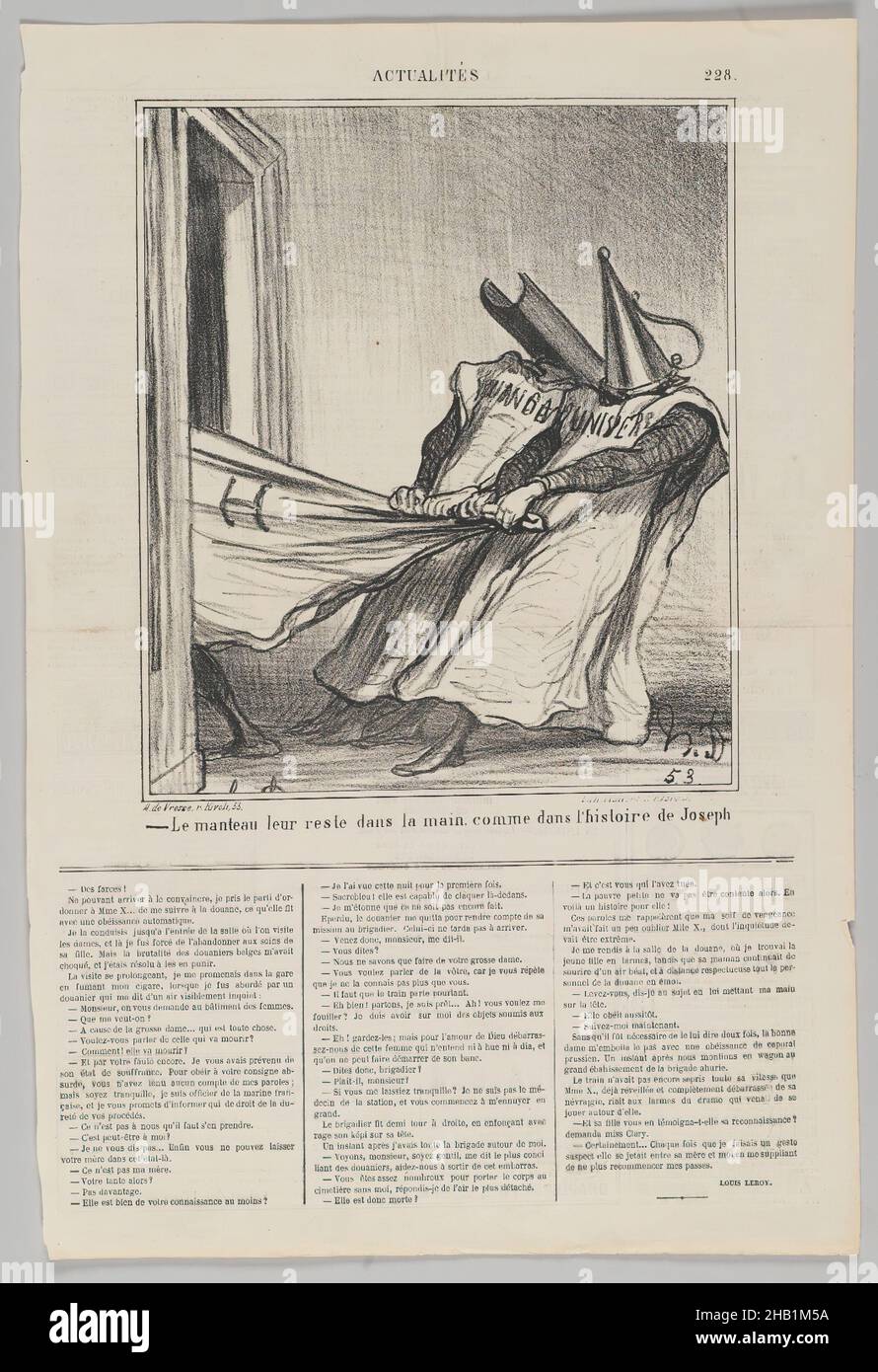 Le Manteau leur reste dans la main..., Honoré Daumier, Français, 1808-1879, Lithographie sur papier journal,14 octobre 1869, feuille : 16 7/8 x 11 1/4 po., 42,9 x 28,6 cm Banque D'Images