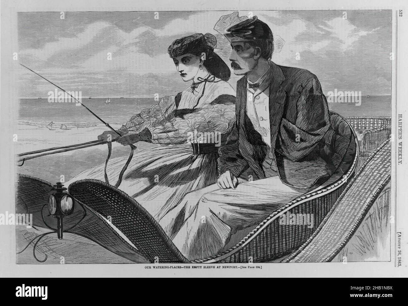 Nos points d'eau--le manchon vide à Newport, Winslow Homer, américain, 1836-1910, gravure en bois,1865, Illustration : 9 1/8 x 13 5/8 po, 23,2 x 34,6 cm, 1865, 19th Century, American, amputée,Buggy, civile, Guerre civile, couple, conduite,Gravure, autonomisation des femmes, féminisme, Harper's, Illustration,Man, Newport, Newport, Rhode Island, après-guerre,Impression, changement sociétal, ancien combattant, guerre, blessure de guerre,Blessure de guerre, hebdomadaire, whip, Winslow Homer, femme,Gravure en bois Banque D'Images