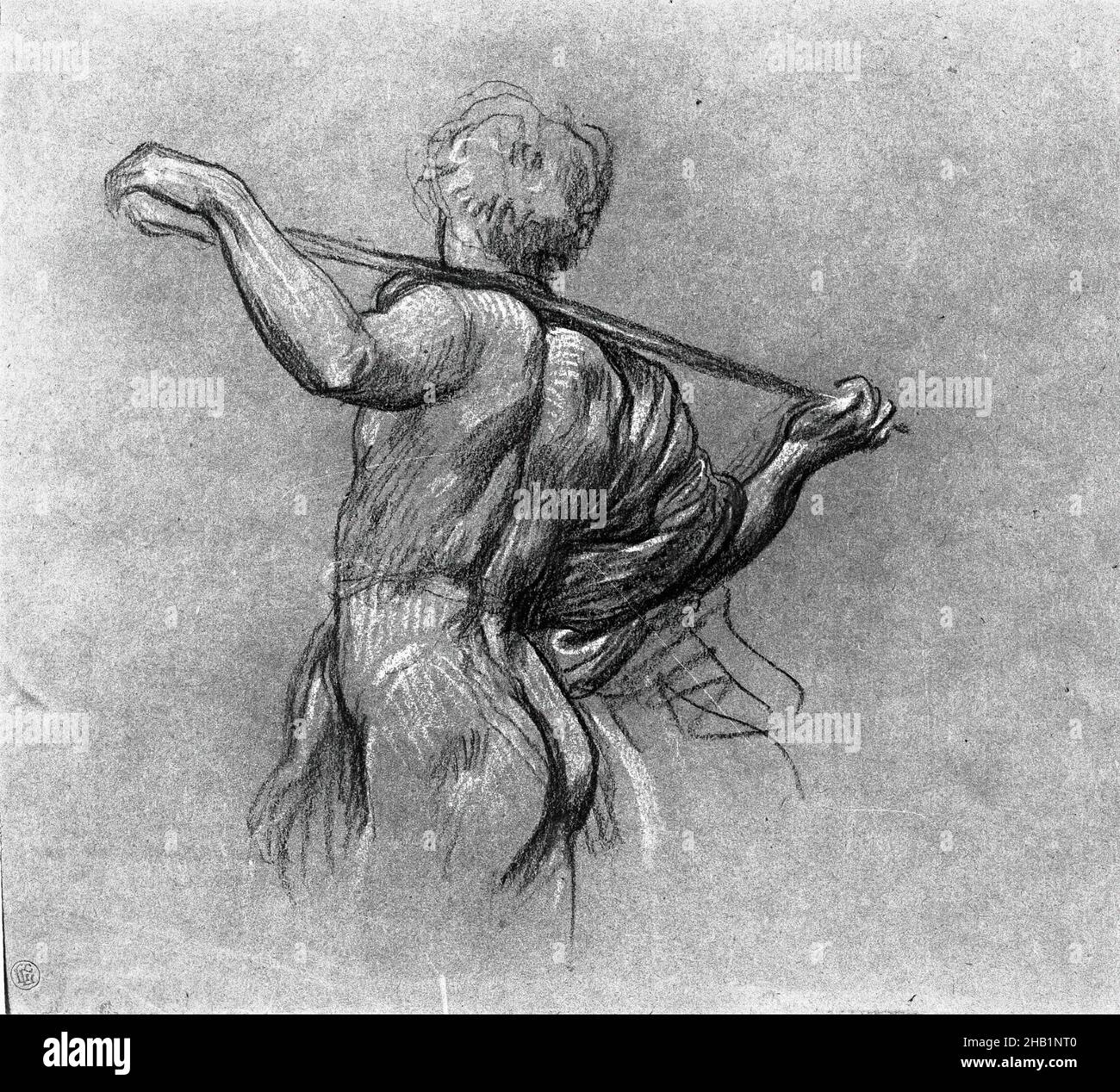 Etude pour 'Elijah in the Wilderness', Lord Frederick Leighton, British, 1830-1896, dessin au crayon sur papier vélin chinois, 9 7/16 x 12 9/16 po, 24 x 31,9 cm, arche, dos, homme, muscle,au repos, au bâton, à l'étirement Banque D'Images