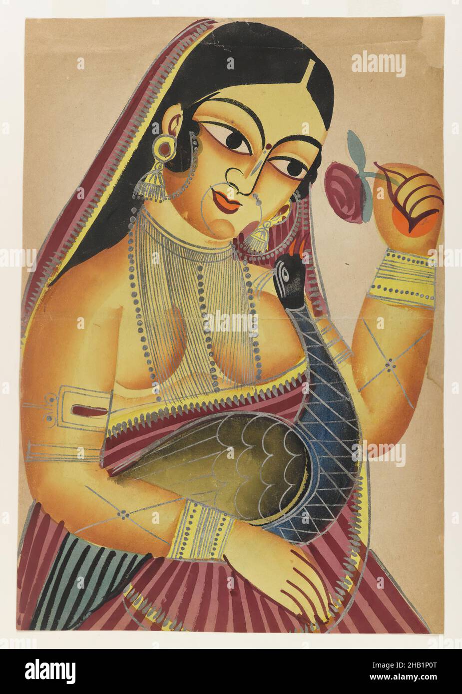 Déesse Lakshmi avec une rose et un paon, aquarelles sur papier avec des accents d'étain poli, Calcutta, Bengale-Occidental, Inde, fin 19th-début 20th siècle, 16 x 11 po, 40,6 x 27,9 cm, Lakshmi, Laksmi, Laxmi, ndd3 Banque D'Images