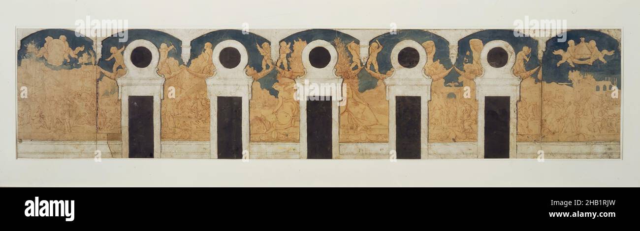 Etude de la fresque pour les galeries arquées, Musée Picardie, Amiens, projet de décoration pour les Galeries Cinémacées, Musée Picardie, Amiens, Pierre Puvis de Chavannes, Français, 1824-1898, Gouache, encre,Graphite et craie rouge sur papier vélin épais avec pièces supplémentaires, Europe, 1864-1865, 11 5/8 x 52 7/8 po., 29,5 x 134,3 cm, amiens, chérubins, portes, figures,murale, putti, étude, fenêtres, ailes Banque D'Images