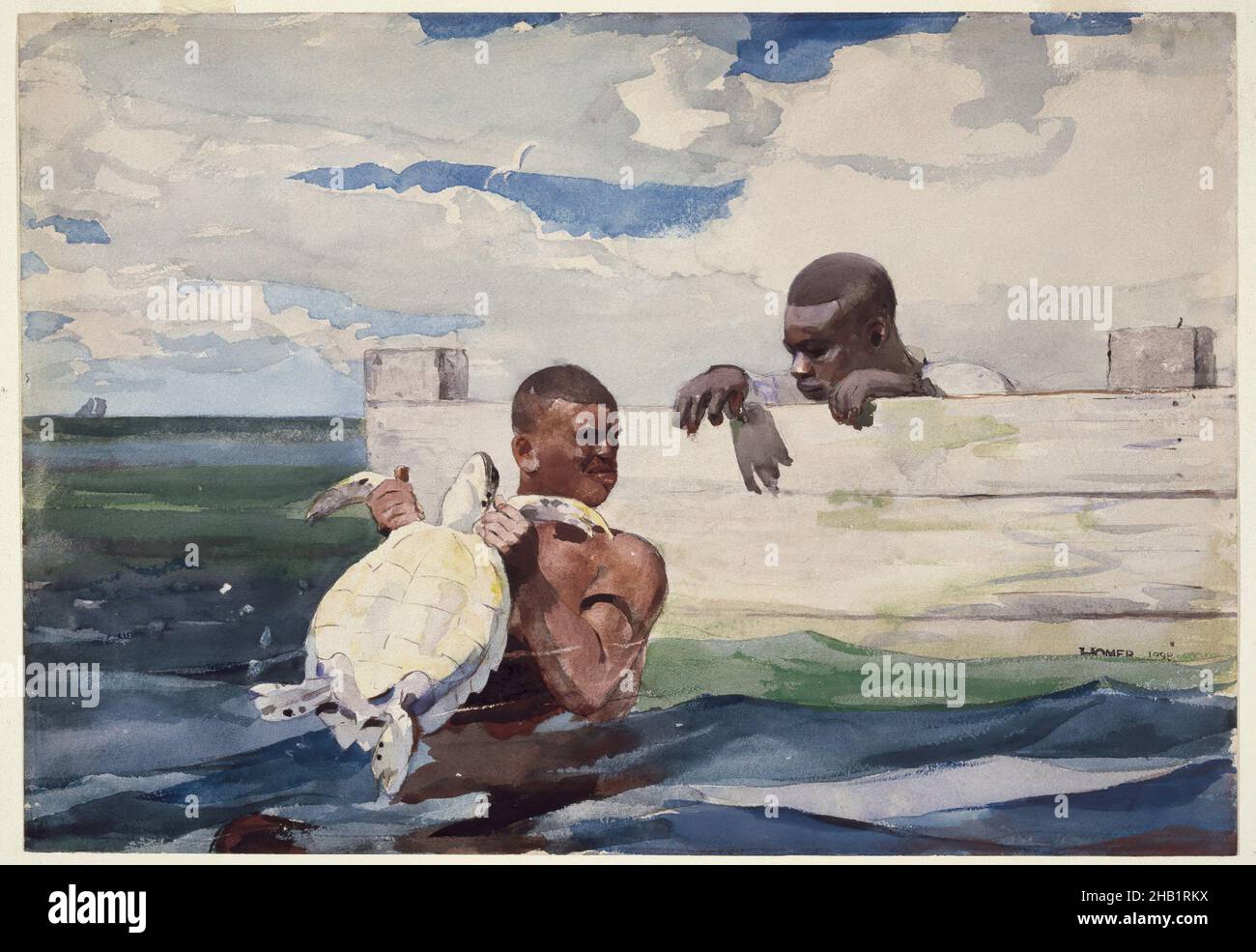The Turtle Pound, Winslow Homer, cuisine américaine, 1836-1910, Aquarelle sur crayon,1898, 14 15/16 x 21 3/8 po, 38,0 x 54,2 cm, Afro-Américains, Afro-américains, animaux, hommes noirs,capture, capture, nuages, pêche, nourriture,saisie, homer, chasse, chasse, style de vie,figurines masculines, océan, tortue de mer, paysage marin, ciel,dur, tortue, tortues, eau, aquarelle Banque D'Images