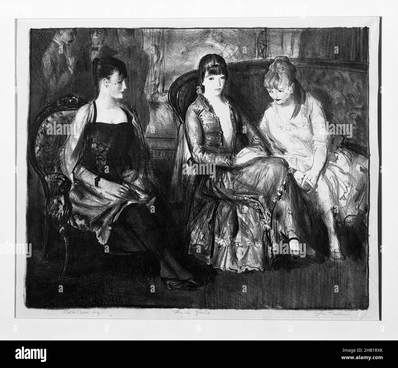 Elsie, Emma et Marjorie, second Stone, George Wesley Bellows, cuisine américaine,1882-1925, Lithographie sur papier porcelaine fin gris, 1921, feuille: 13 x 15 9/16 po., 33 x 39,5 cm, 1921, 20th Century, American, American art américain,Soufflets, président, Elsie, Elsie, Emma et Majorie,Second Stone, Emma, femmes, figures, George Wesley Bellows,Papier posé, Lithographe, Marjorie, assis, assis,Canapé, Pierre, femme, femmes Banque D'Images