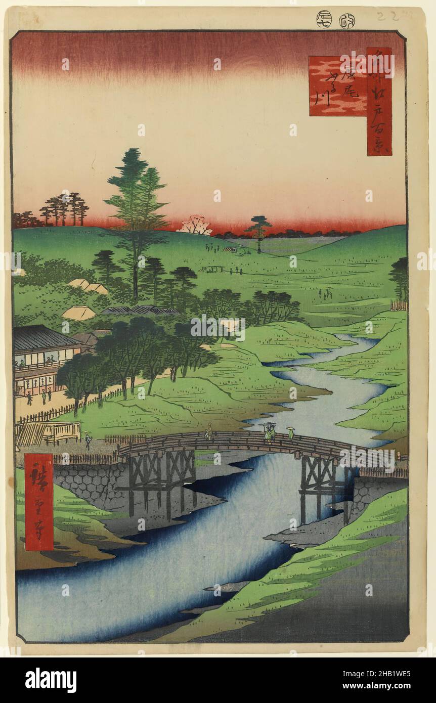 Rivière Furukawa, Hiroo, n° 22 dans une centaine de vues célèbres d'Edo, Utagawa Hiroshige, Ando, japonais, 1797-1858,Imprimé blocs de bois, Japon, 7th mois de 1856, période Edo, époque Ansei, image: 12 7/8 x 8 3/4 po., 32,7 x 22,2 cm, 19th siècle, 19thC, pont, calme,Edo, faune, flore, harmonie, hiroshige,paysage, méditatif, minimal, nature, restaurant,rivière, Tokyo, arbre, bloc de bois, imprimé blocs de bois Banque D'Images