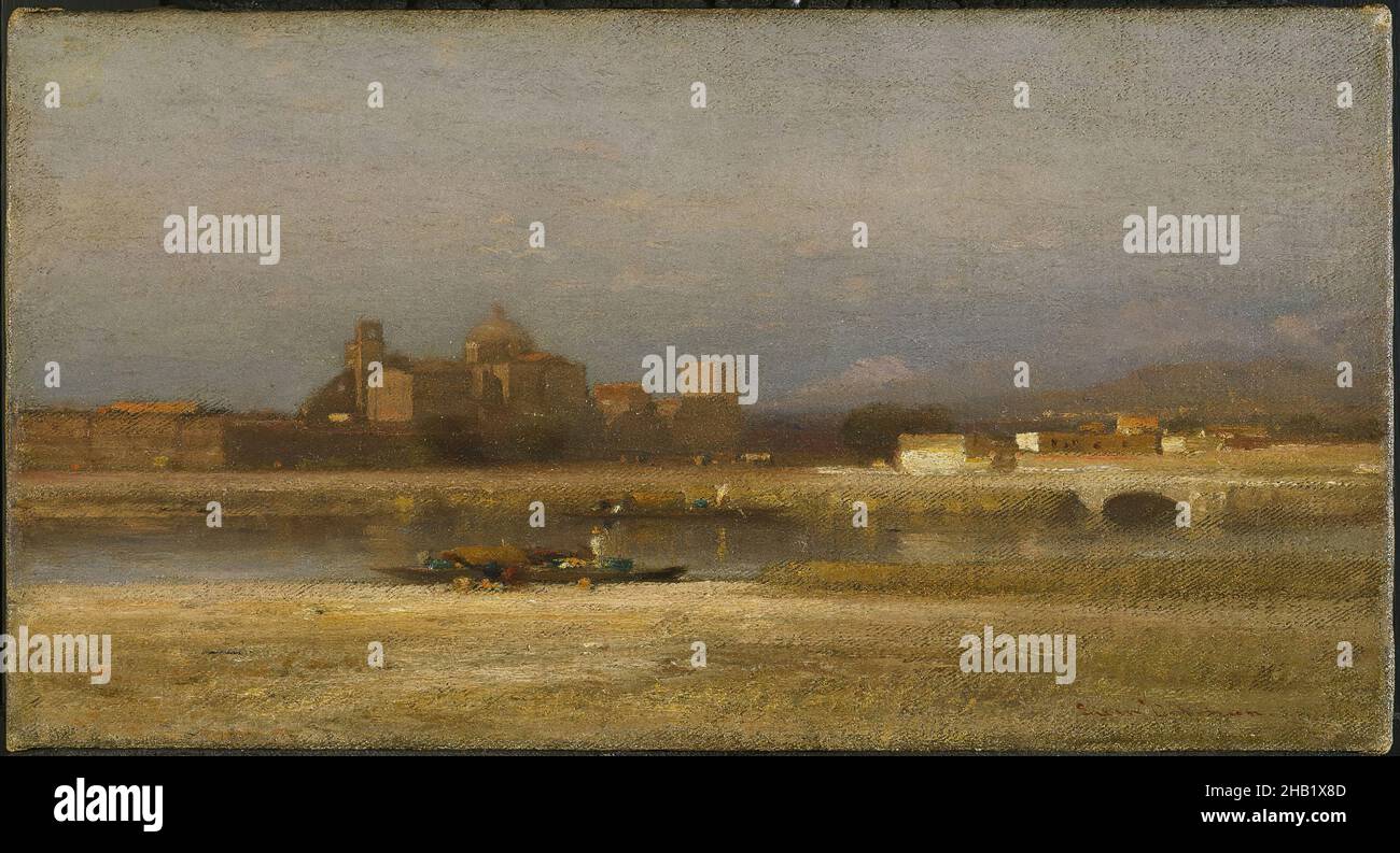 Sur la Viga, à la périphérie de la ville de Mexico, Samuel Colman, américain, 1832-1920, huile sur toile,1892, 9 1/2 x 18 po, 24,2 x 45,7 cm, hudson, école de la rivière hudson, paysage, ndd7,peinture, rivière, romantique, ciel Banque D'Images