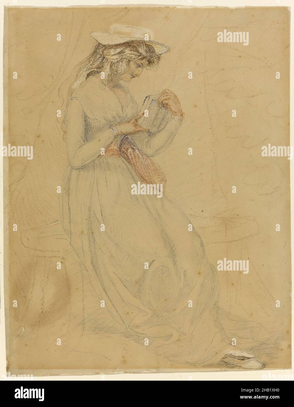 Portrait de Fanny Burney d'Arblay, Edward Francis Burney, britannique, 1760-1848, crayons de couleur et graphite sur papier vélin, Angleterre, s.d., 9 7/16 x 7 1/4 po, 24 x 18,4 cm, auteur, livre, dainty, dessin,personne célèbre, figure féminine, féminine, fichu, livres ouverts,Les gens, la lecture, la femme et la lecture, la femme écrivain, les femmes et les livres Banque D'Images