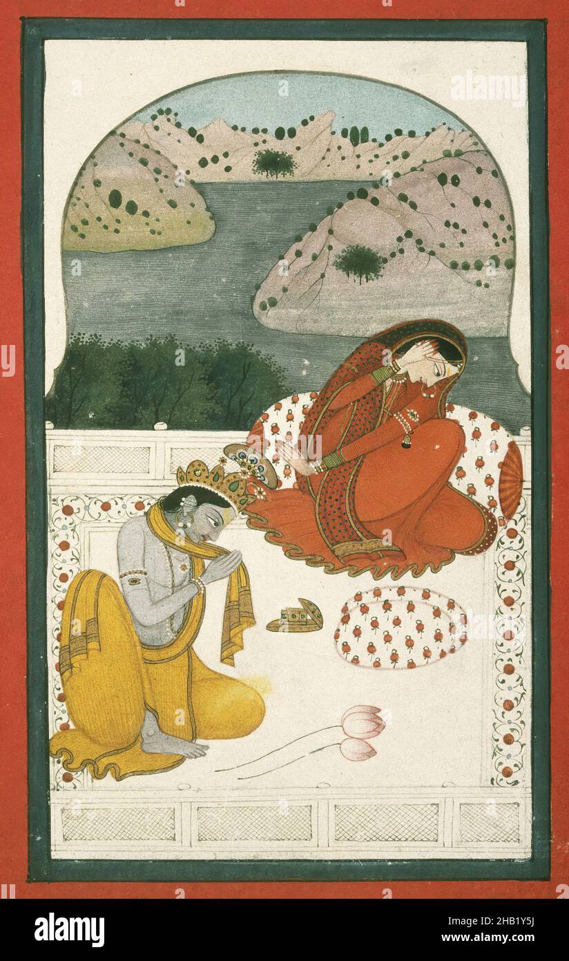 Khandita Nayika, indienne, aquarelle opaque et or sur papier, ca.1800-1820, feuille: 10 3/8 x 7 1/2 po, 26,4 x 19,1 cm, Or, Khandita, Krishna, Lac,Amoureux, Nayika, papier, Punjab Hills, Radha,Terrasse, aquarelle Banque D'Images