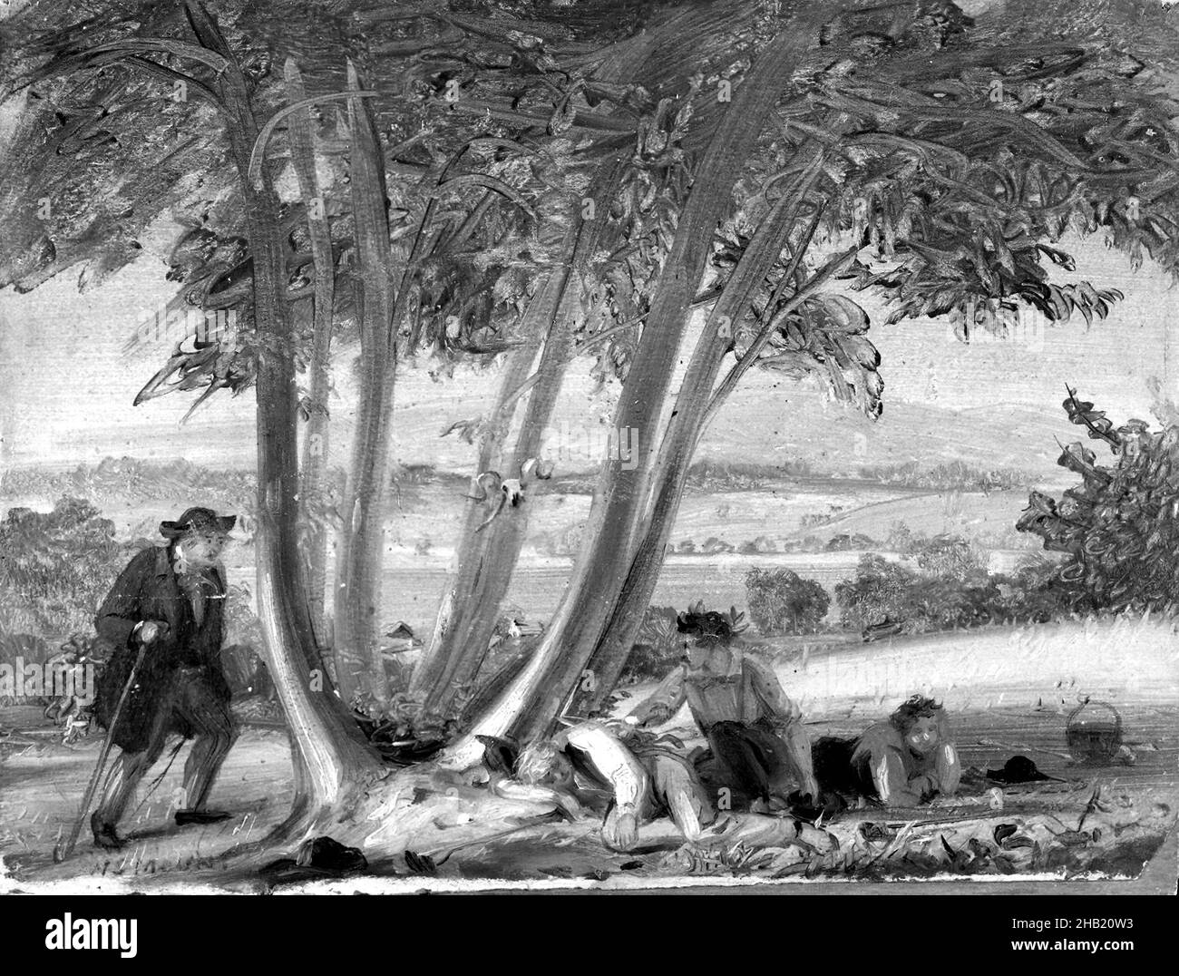 Étude pour la pêche de la napping, Boys attrapé la napping dans un champ, William Sidney Mount, américain, 1807-1868, pétrole sur papier,1847, 8 1/4 x 10 3/4 po, 20,9 x 27,3 cm, garçons, canne, béquille, figurines,Premier plan, Paysage, napping, peinture, personnes,Idylle rurale, arbres, bâton de marche Banque D'Images