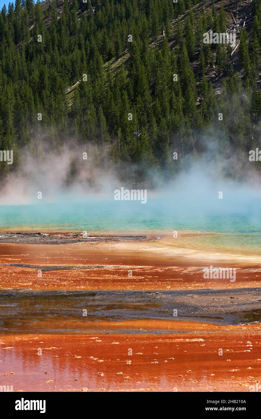 Bulles orange et rouge dans la piscine Grand Prismatic Spring Pool dans le parc national de Yellowstone, Wyoming, États-Unis Banque D'Images