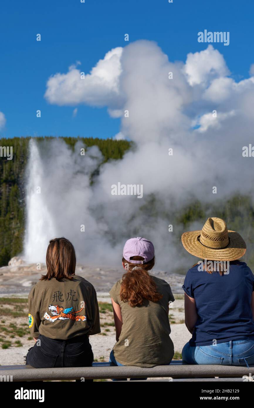 Old Faithful Geyser éruption, le Parc National de Yellowstone Banque D'Images