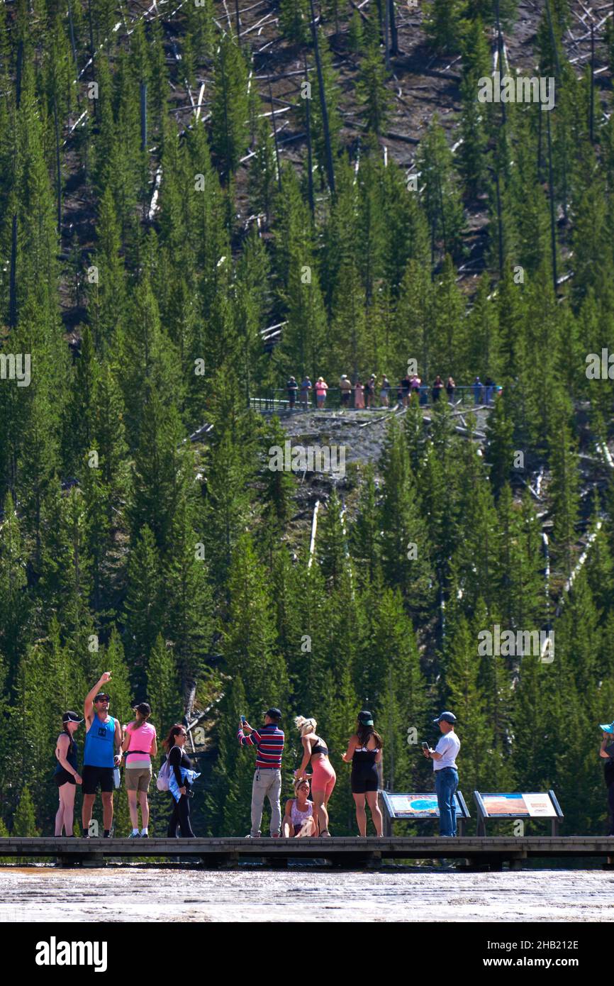 Grand Prismatic Spring donne sur la promenade de Spring Pool, parc national de Yellowstone, Wyoming, États-Unis Banque D'Images