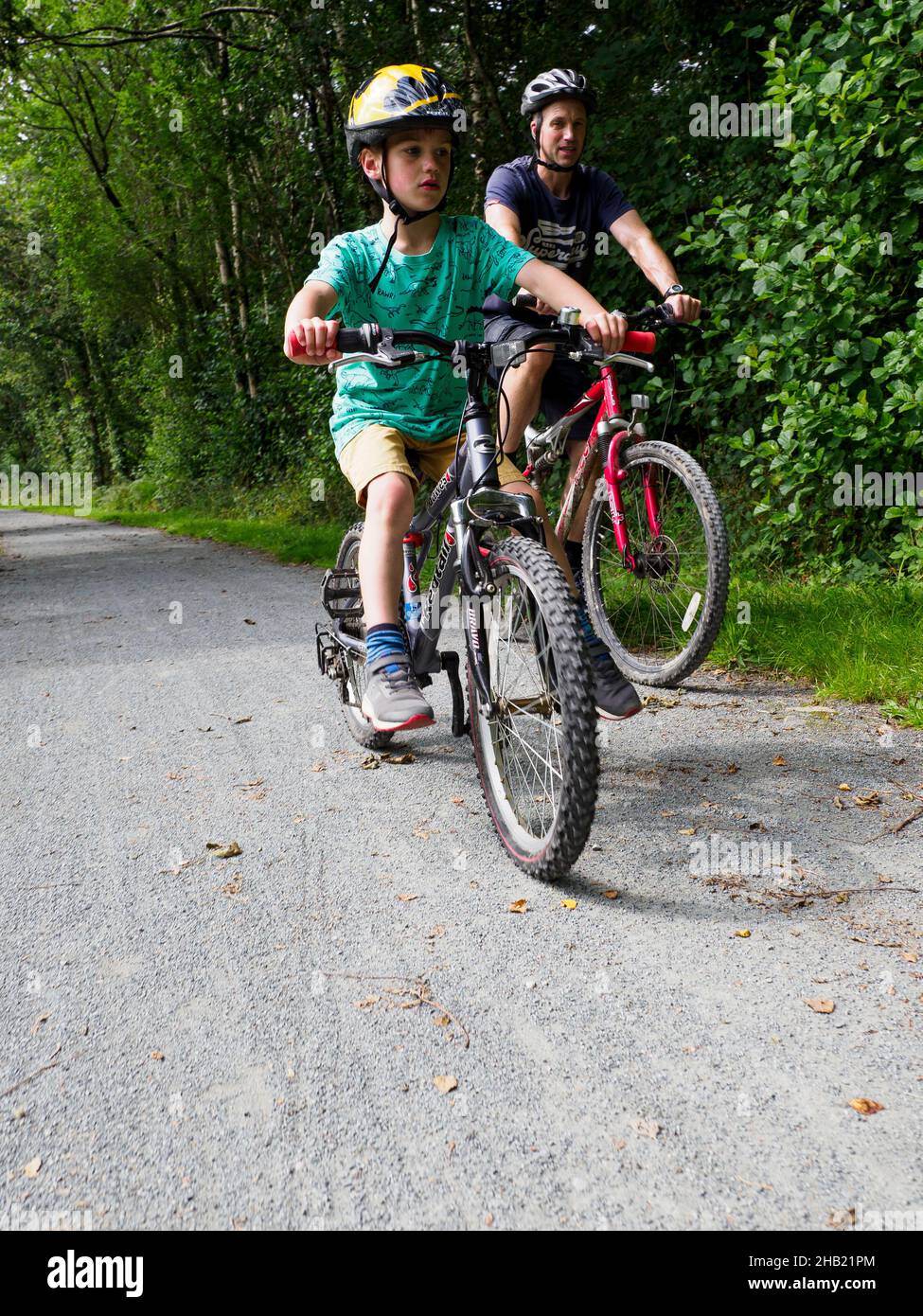 Père et fils pédalant le long de la Tarka Trail, Devon, Royaume-Uni Banque D'Images