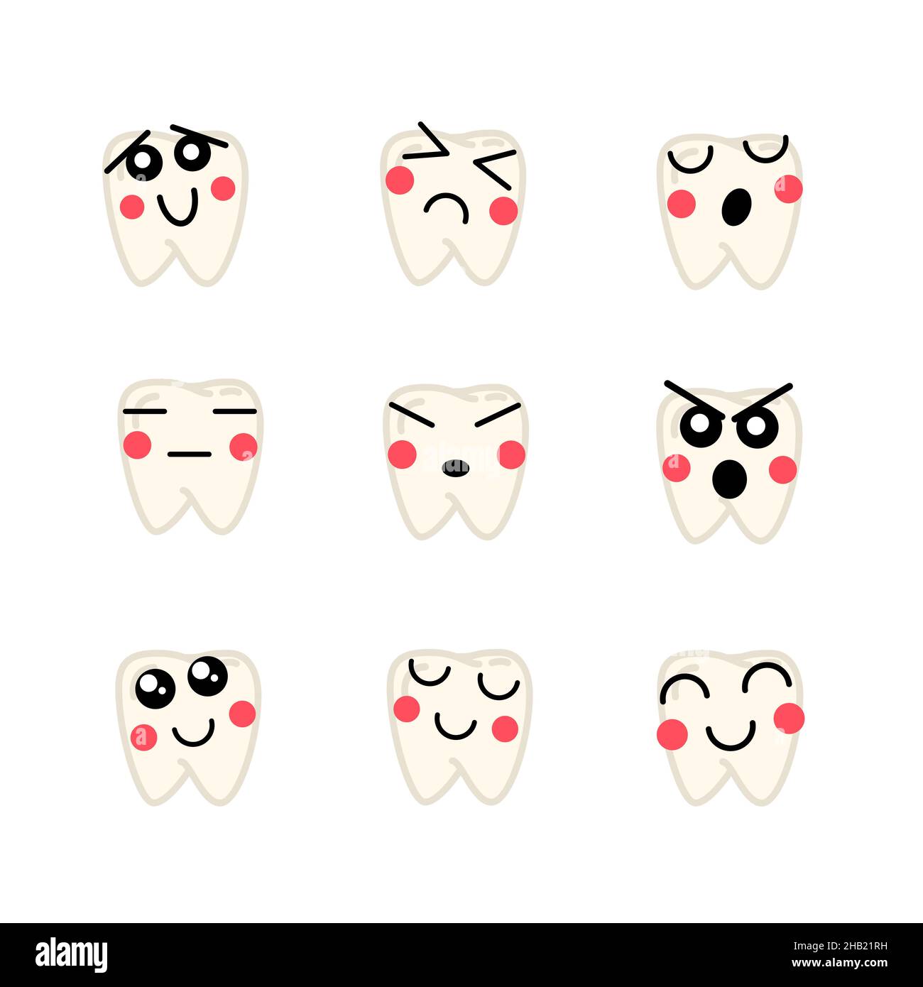 Ensemble de teeths humains lumineux avec des visages mignons, icônes médicales sur blanc Illustration de Vecteur