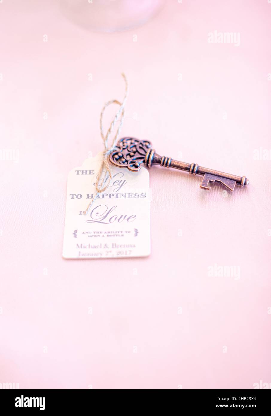 Squelette de bronze clé mariage cadeau invité avec étiquette attachée qui lit la clé du bonheur est l'Amour sur la surface rose Banque D'Images