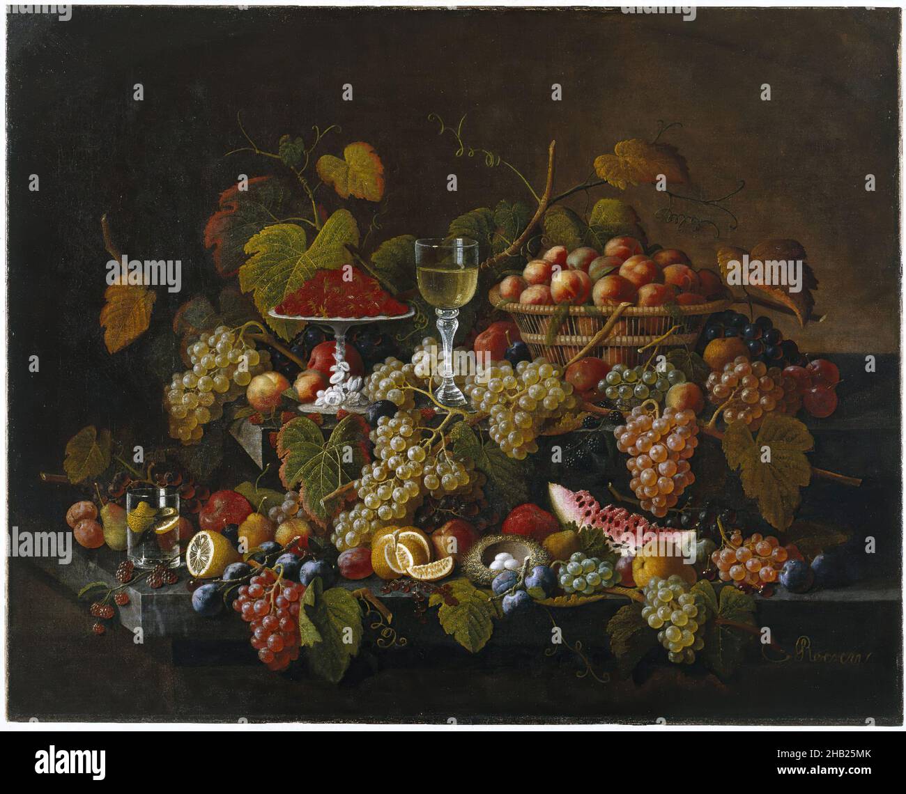 Toujours la vie avec le fruit, Severin Roesen, américain, né Allemagne, ca.1815-après 1872, huile sur toile, env.1860, 40 1/16 x 50 1/8 po, 101,7 x 127,3 cm, abondance, panier, bounty, pain,brièveté de la vie, ca.1860, manger, festin, nourriture, nourriture et boissons,fruits, raisins, feuilles, citron, citrons,luxuriant, melon, morte nature, huile sur toile, peinture,prune, segments, vie morte, eau, pastèque,vin Banque D'Images