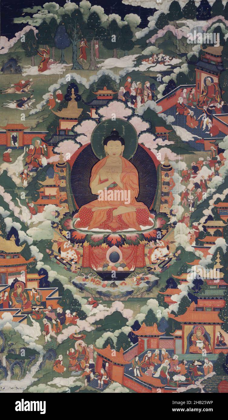 Bouddha Shakyamuni entouré de scènes de sa vie, défilement suspendu, peinture sur toile, Tibet, 18th siècle,39 1/2 x 23 1/4 po., 100,4 x 59 cm, Bouddha, défilement Banque D'Images