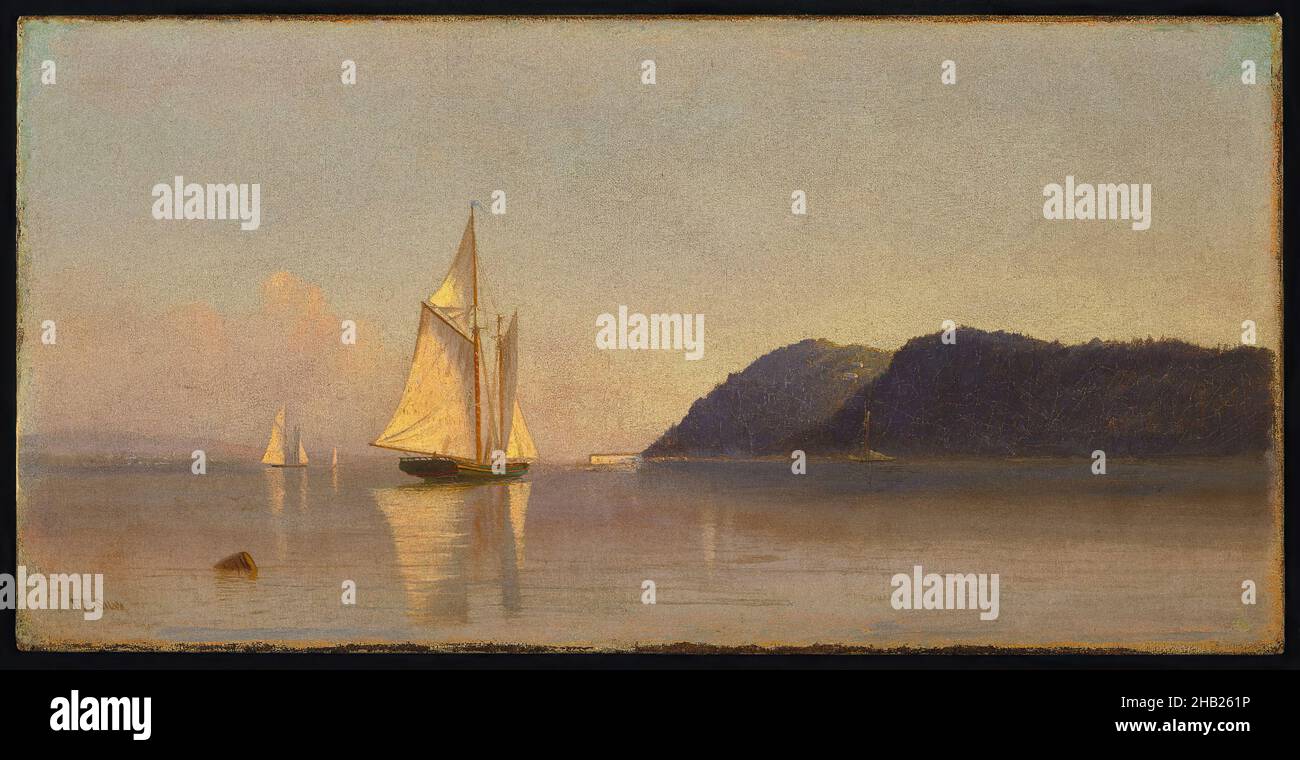 Bateaux sur l'Hudson, Francis Augustus Silva, américain, 1835-1886, huile sur toile,env.1874-1878, 9 x 18 po, 22,9 x 45,7 cm, peinture américaine, bateau, rivière Hudson, École de la rivière Hudson,paysage, nature, ndd12, ndd7, huile sur toile,rivière, voilier, ciel, eau, rayons x. Banque D'Images