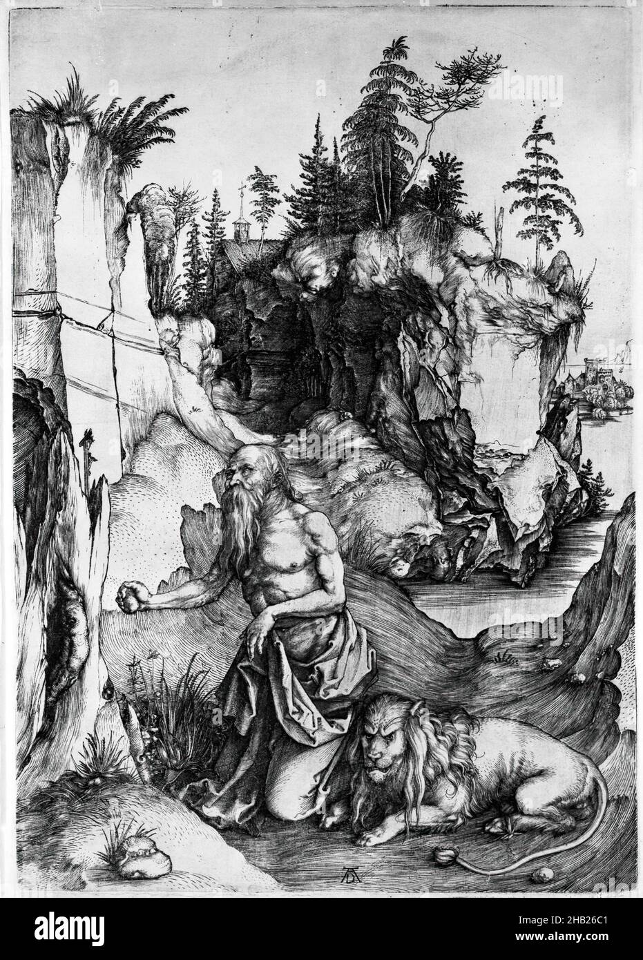 Saint-Jérôme dans le désert, Albrecht Dürer, allemand, 1471-1528, gravure sur papier à poser, 1495-1497, feuille: 12 3/8 x 8 7/8 po, 31,4 x 22,5 cm Banque D'Images