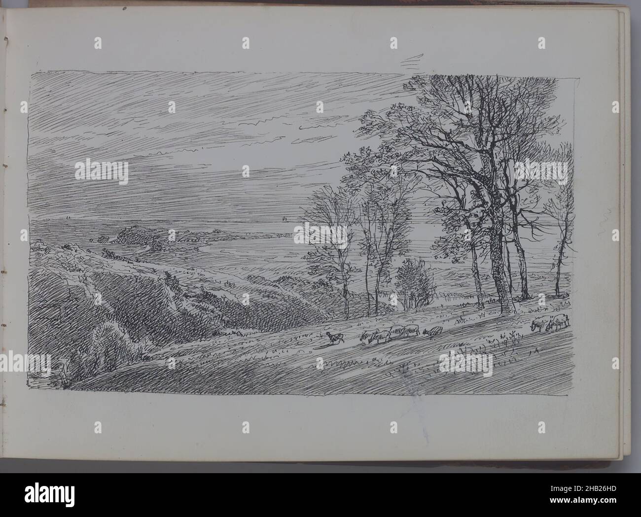 Sketchbook, Marines and Landscapes, William Trost Richards, cuisine américaine, 1833-1905,Crayon ou encre sur papier, env.1890, 5 x 6 15/16 po, 12,7 x 17,6 cm, 19th Century, animaux, noir et blanc, env.1890, dessin, herbe, pâturage, Paysage,moutons, croquis, arbres, vue Banque D'Images