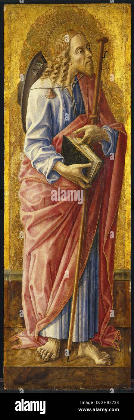 Saint James Major, partie d'un retable, Carlo Crivelli, Italien, Venetian, Ecoles de Venise et des Marches, 1430-1495, Tempéra et doré sur panneau, Italie, 1472, 38 1/4 x 12 5/8 po, 97,2 x 32,1 cm, 1472, retable, apôtre, mauvais cheveux,Barbe, doigts boney, cartes, crinlly, gondolé,Drapery, européen, pieds, Fesch, fragment,doré, giotto, or, halo, icône,james, pèlerin, Portugais, quattrocento, Renaissance,saint, tempera, vénitien Banque D'Images