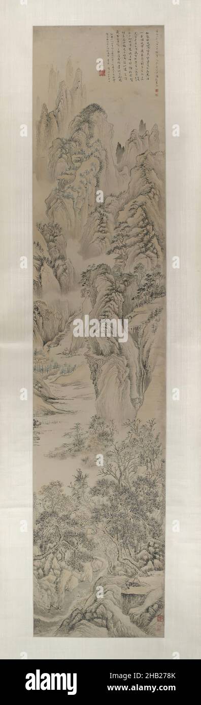 Paysage, Hua Yan, chinois, 1682-1765, encre et couleur claire sur papier, Chine, 1727, dynastie Qing, période Yongzheng,Image : 69 1/2 x 14 7/8 po, 176,5 x 37,8 cm, suspension, Paysage, peinture, dynastie des Qing,faire défiler Banque D'Images