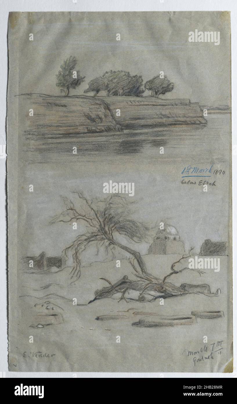 Nile, Elihu Vedder, américain, 1836-1923, crayon de couleur sur papier fin, lisse, à pâte de bois avec quelques fibres bleues, mars 1890, feuille: 12 7/8 x 8 po, 32,7 x 20,3 cm, dessin, arbres, Lion Banque D'Images