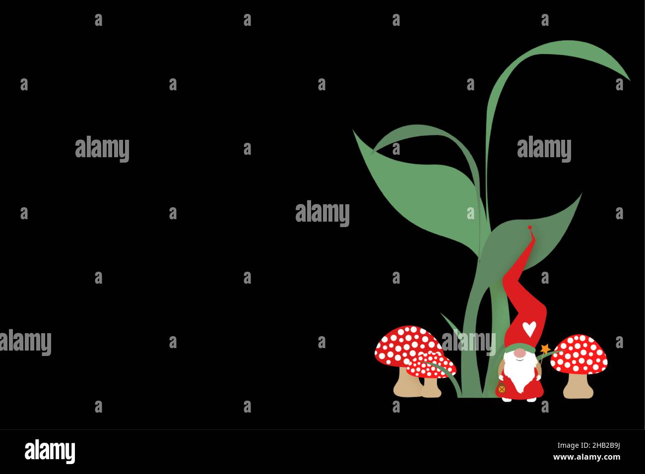 joli gnome de dessin animé avec long chapeau rouge.Bannière scandinave Nordic Santa Claus Elf dans la forêt, vecteur isolé sur fond noir.Thème de Noël Illustration de Vecteur