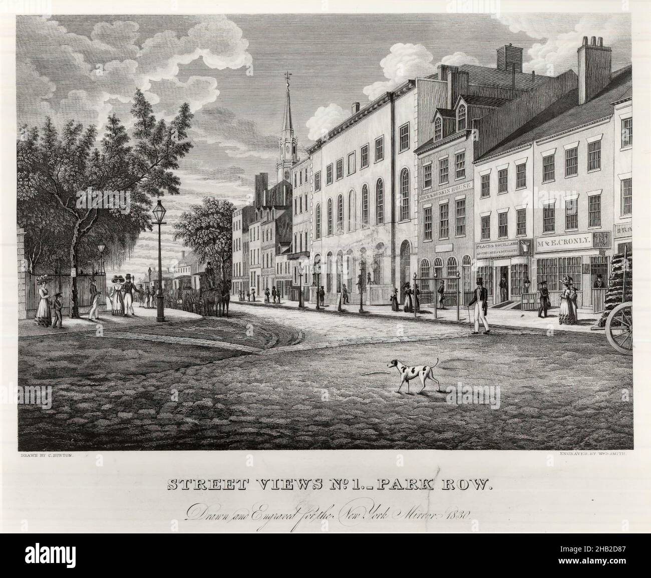 Vues sur la rue No. 1, Park Row, gravure sur papier, 19th siècle, feuille: 8 9/16 x 10 11/16 po., 21,8 x 27,1 cm, architecture, paysage urbain, chien, historique,quartier, scène de rue, urbanisme Banque D'Images