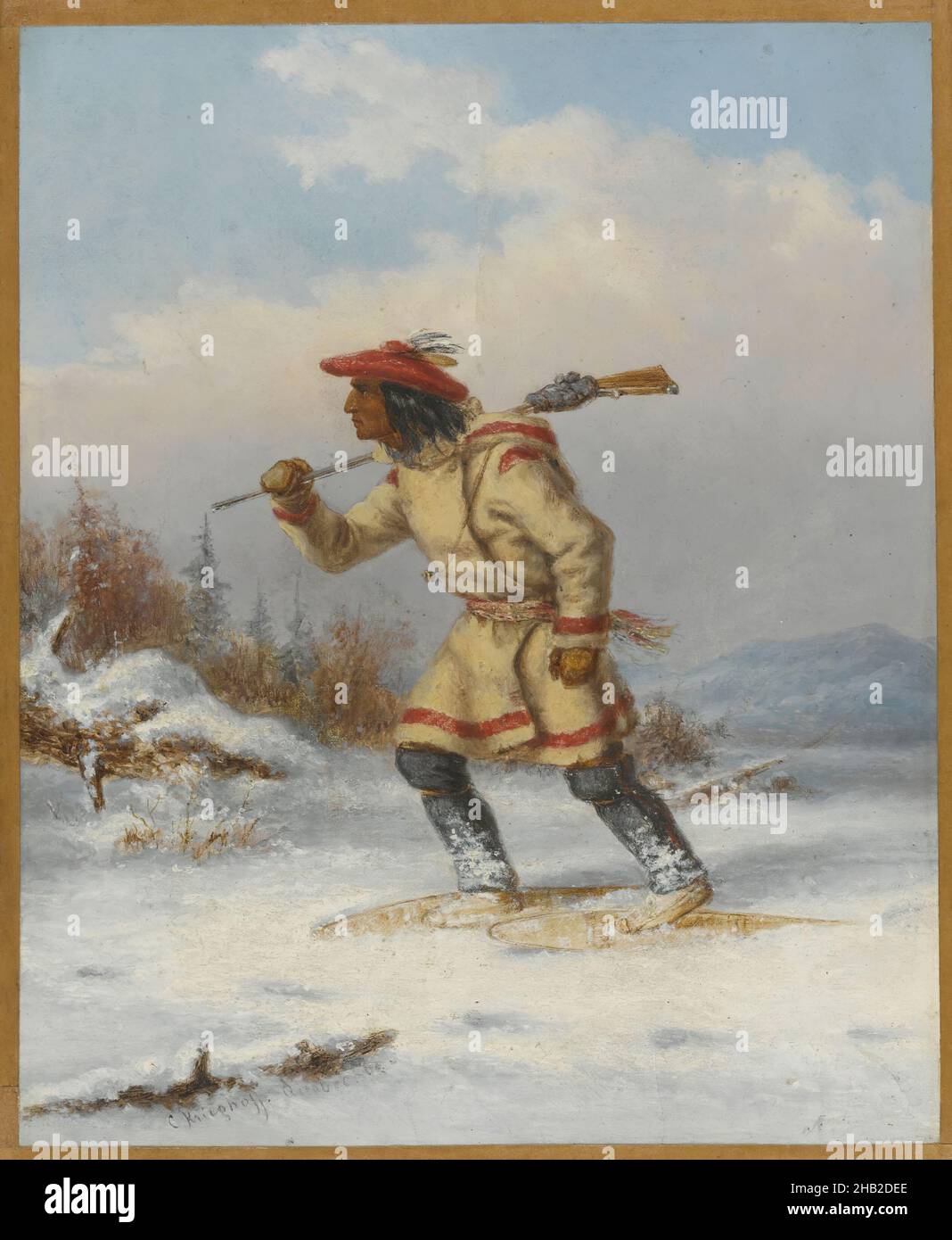 Après l'orignal, Cornelius Krieghoff, canadien, 1815-1872, huile sur toile,env.1860, 11 1/8 x 9 3/16 po, 28,2 x 23,3 cm, 19th Century, américain, sarrasin, canadien,nuages, frontière, arme à feu, chasse, chasseur,Chasse, Indien, Krieghoff, personnage masculin, homme,métis, orignal, amérindien, peinture, profil,ciel, neige, raquettes, solitaire, hiver Banque D'Images