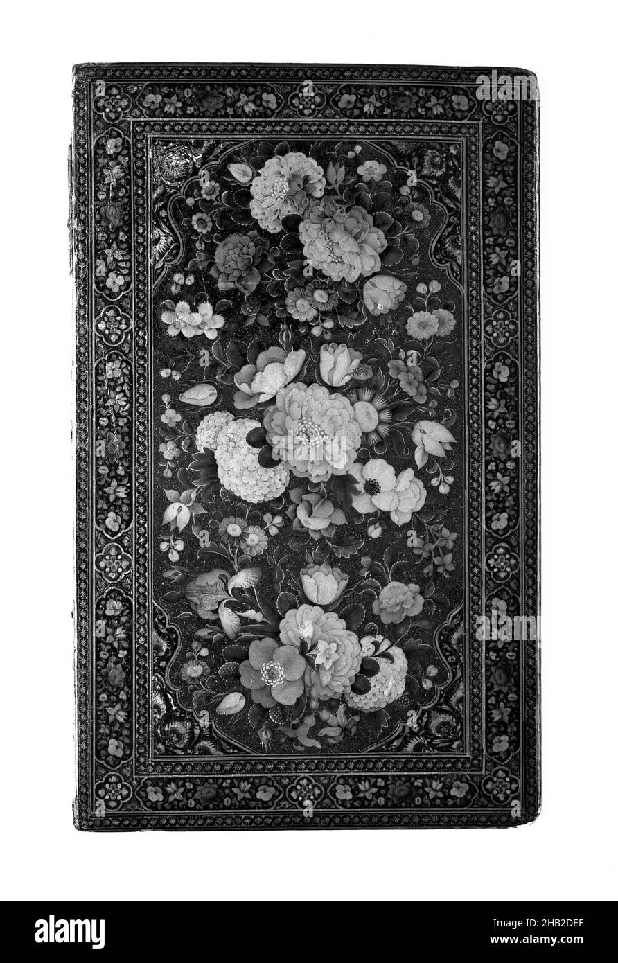 Couvercle de boîtier de miroir, laque, machine à papier, 1854-1855, période de Qentra,6 x 10 po, 15,2 x 25,4 cm, étui, couvercle, fleurs, articulé,laque, maché, miroir, papier Banque D'Images
