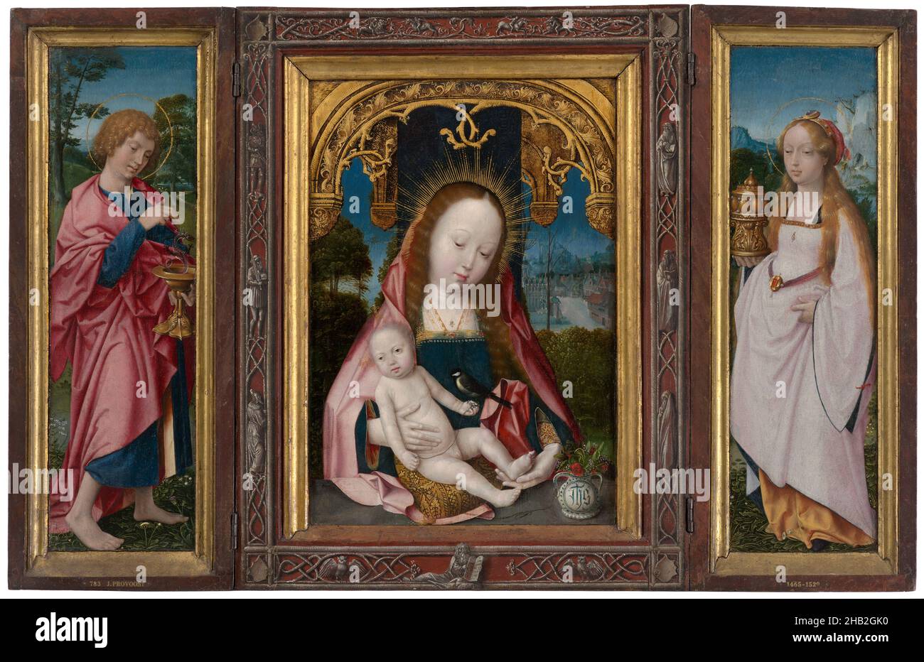 Triptyque avec Marie avec enfant, John l'évangéliste et Mary Magdalena, Jan Provoost, c.1520 - 1525 Banque D'Images