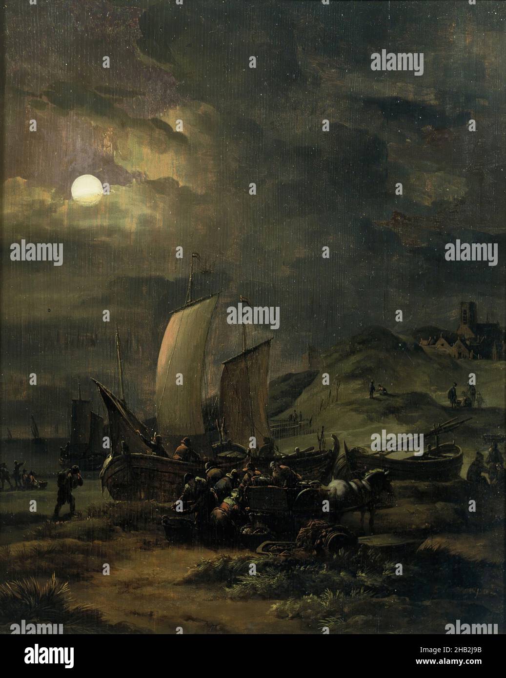 Plage avec bateaux de pêche la nuit, Egbert van der Poel, c.1650 - 1660 Banque D'Images