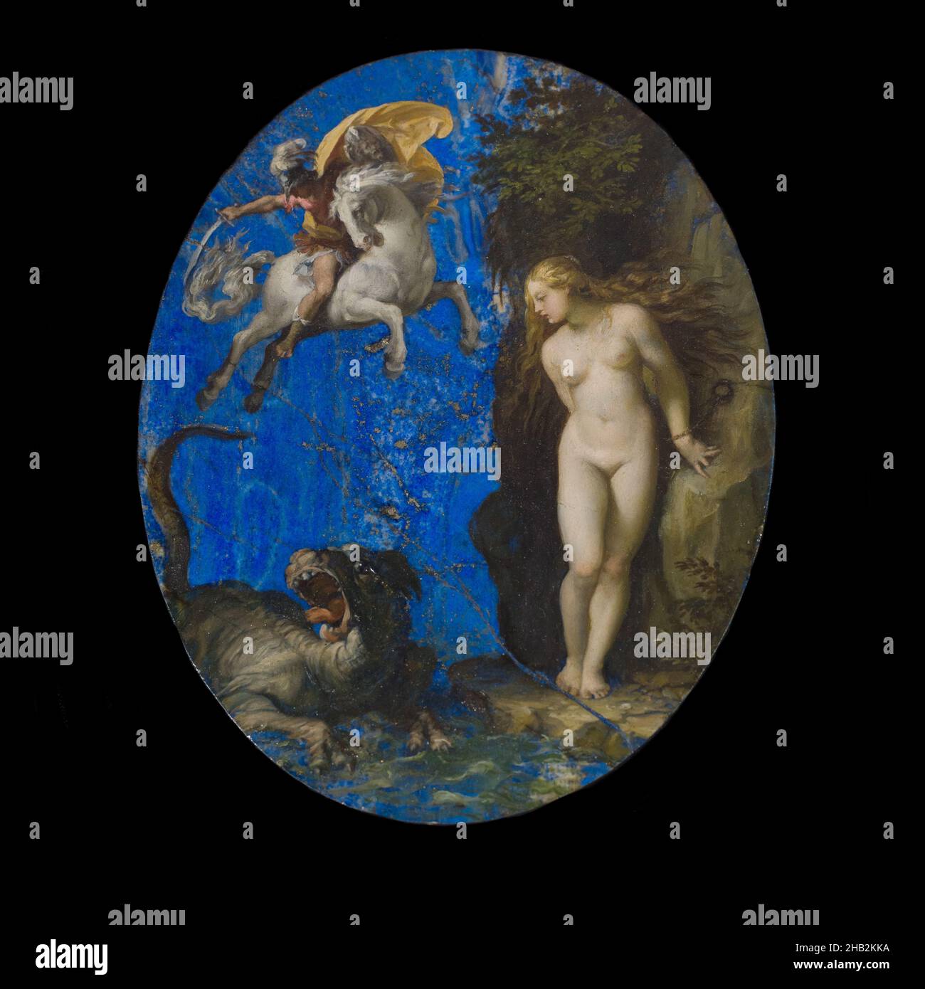 Perseus sauvant Andromeda, Cavaliere d'Arpino (Giuseppe Cesari), Italien, 1568–1640, c.1593–94, huile sur lapis lazuli, fabriqué à Rome, Latium, Italie, Europe,Peintures, pierre et minéraux, 7 15/16 × 6 1/8 × 1/4 po(20,2 × 15,6 × 0,7 cm Banque D'Images