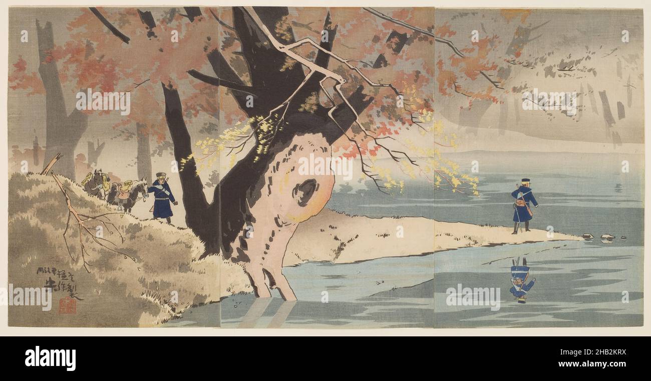 Scouts de la première Armée de terre, qui se reconnaissent à Motianling, Taguchi Beisaku, japonais, 1864–1903, Watanabe Yatarō,Japonais, 1850–1913, période Meiji, 1868–1912, Inoue Kichijirō,Japonais, actif fin du 19th siècle, 1894, Triptych de couleurs gravures sur bois, fait au Japon, Asie, imprimés, triptyque tel que monté: 13 3/4 × 27 7/16 po.(34,9 × 69,7 cm Banque D'Images