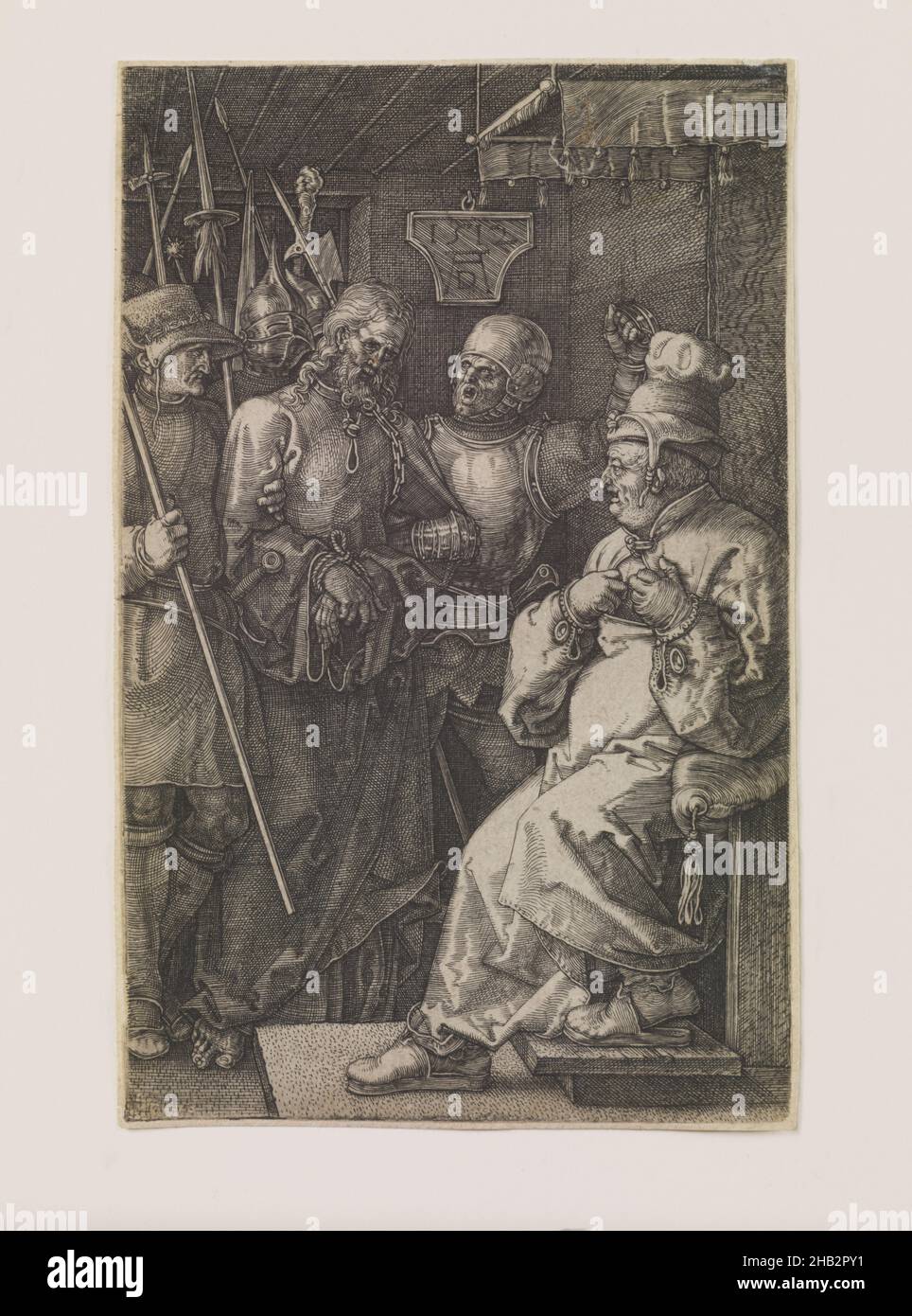 Christ avant Caiphas, de la série 'la passion gravée', Albrecht Dürer, allemand, 1471–1528, 1512,Gravure, faite à Nuremberg, Bavière, Allemagne, Europe,Tirages, image : 4 9/16 x 2 7/8 cm(11,6 × 7,3 cm Banque D'Images