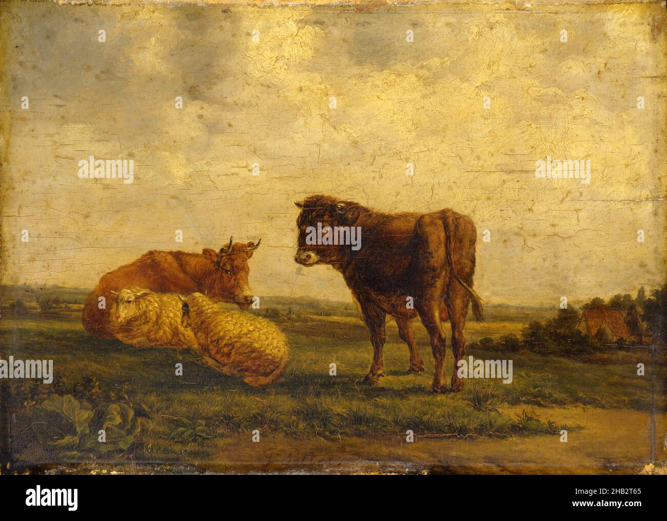 Paysage avec bovins et moutons, Paulus Potter, néerlandais, 1625–1654, 19th siècle,Huile sur panneau, peintures, 8 7/8 x 12 13/16 po.(22,5 x 32,5 cm Banque D'Images