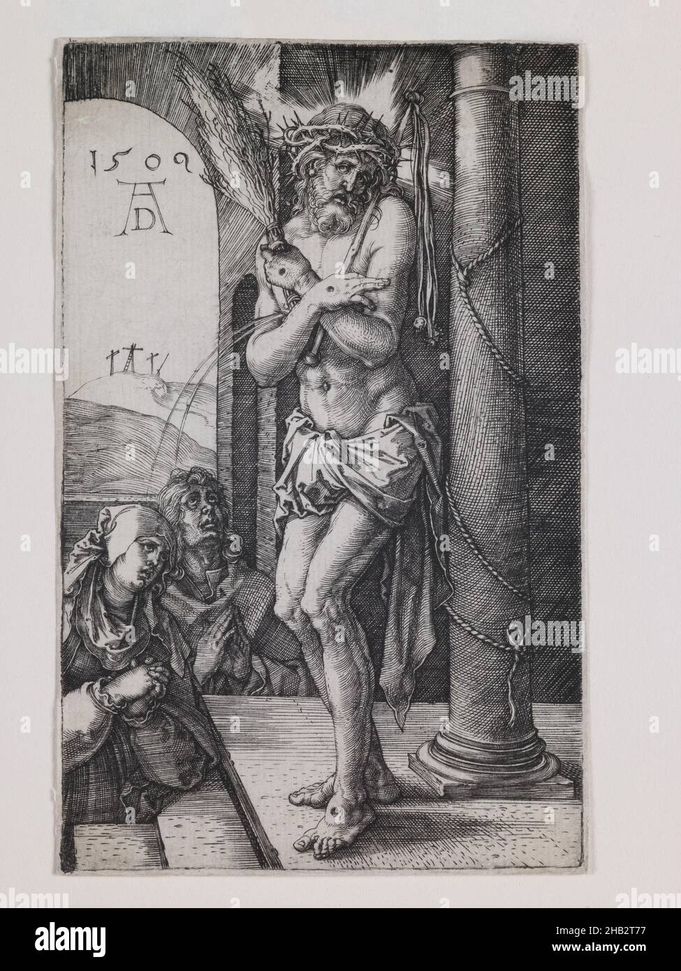 Homme de Sorrows à la colonne, de la série 'la passion gravée', Albrecht Dürer, allemand, 1471–1528, 1509,Gravure, faite à Nuremberg, Bavière, Allemagne, Europe,Tirages, image : 4 5/8 x 2 15/16 cm(11,8 x 7,4 cm Banque D'Images