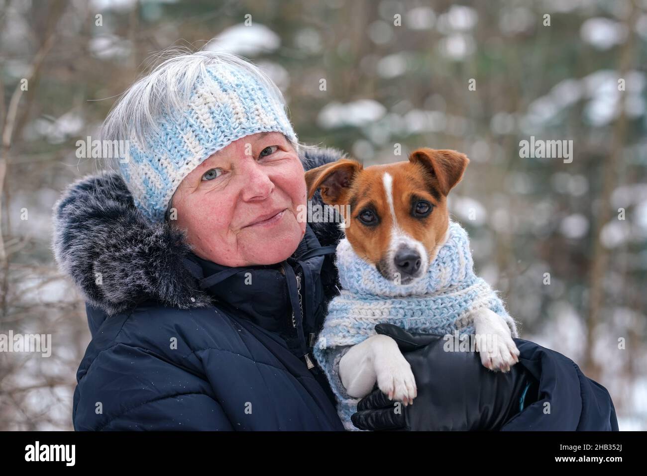 Femme âgée tenant un petit chien terrier Jack Russell sur les mains, elle porte un pull et un serre-tête tricotés assortis Banque D'Images