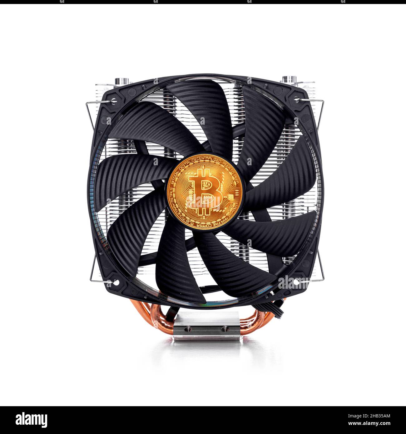 Exploitation minière de crypto-monnaie.Bitcoin sur un composant de carte graphique d'ordinateur. Banque D'Images