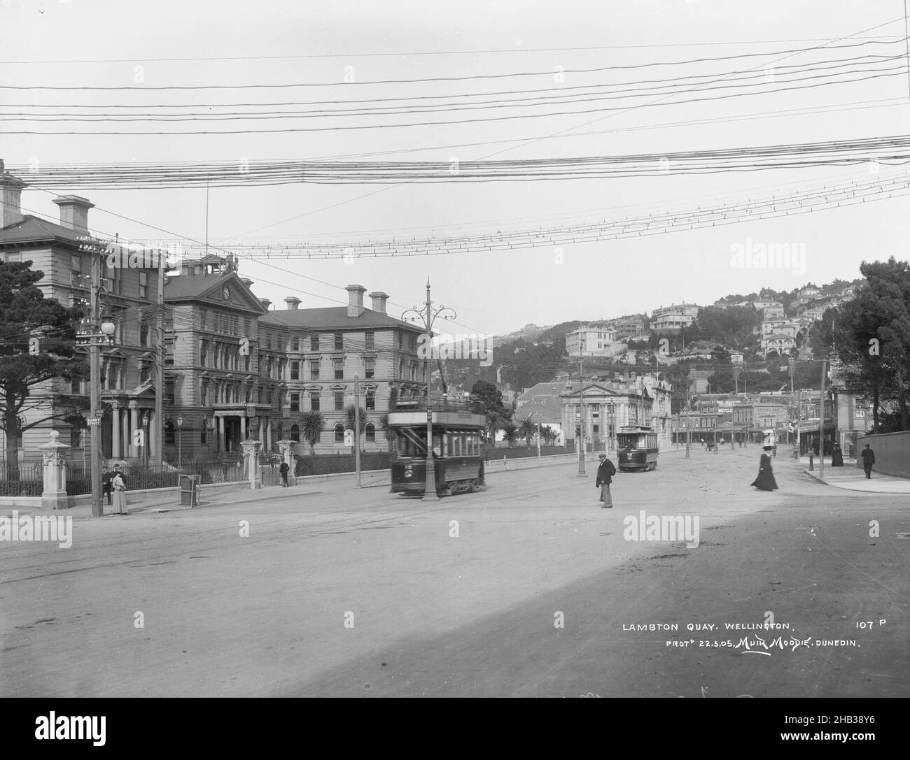 Lambton Quay, Wellington, studio Muir & Moodie, studio de photographie, vers 1905, Dunedin, procédé de fabrication de plaques sèches en gélatine Banque D'Images