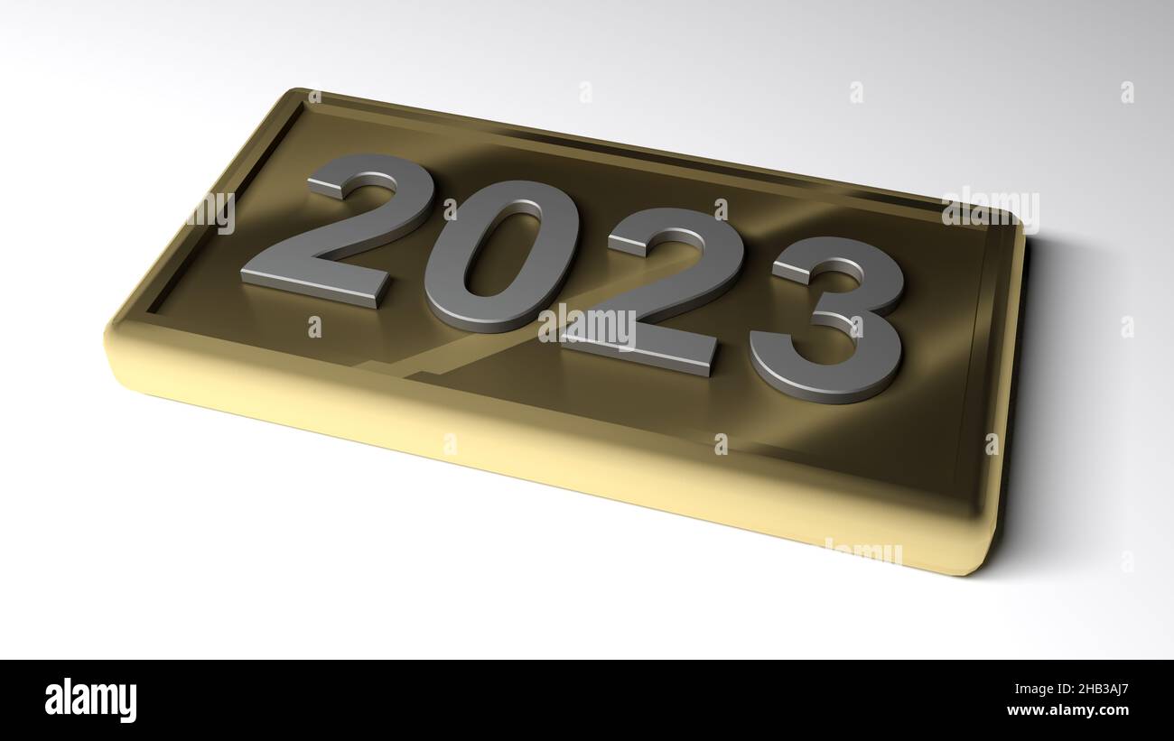 Étiquette en laiton métallique avec l'illustration de rendu 2023 chromé - 3D Banque D'Images