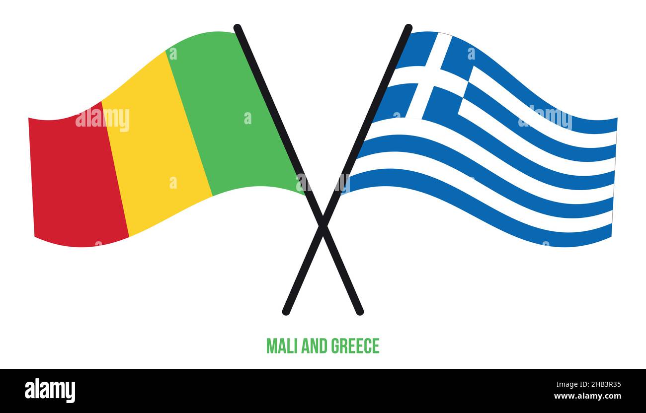 Mali et Grèce drapeaux croisés et ondulant le style plat. Proportion officielle. Corriger les couleurs. Illustration de Vecteur