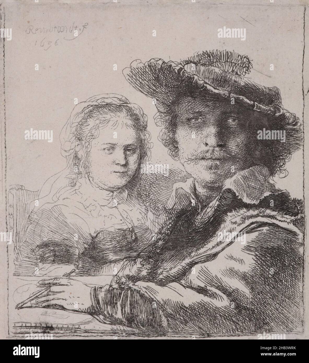 Autoportrait avec Saskia., Rembrandt van Rijn, artiste, 1636, pays-Bas,Gravure, au cours de sa vie, les compétences extraordinaires de Rembrandt en tant que graveur ont été la principale source de sa renommée internationale.À la différence de ses peintures à l'huile, les imprimés voyageaient léger et étaient relativement bon marché.Pour cette raison, ils sont rapidement devenus très populaires auprès des collectionneurs non seulement à l'intérieur mais aussi au-delà des frontières des pays-Bas, et cela explique également pourquoi, 200-300 ans plus tard, ils étaient abordables pour des collectionneurs comme Mgr Ditlev Monrad, Sir John Ilott et ici, Harold Wright Banque D'Images