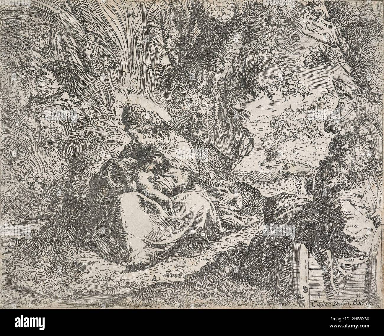 Reste sur le vol vers l'Egypte., Camillo Procaccini, artiste, 1587-1590, Italie,Gravure, Camillo Procacini (1551-1629) est un peintre italien.Il a été qualifié à titre posthume de 'Vasari de Lombardie' pour ses fresques ornementales de l'église et de la villa de Mannerist, et pour la comparaison stylistique qu'ils offrent à l'artiste et à l'écrivain florentin mieux connu.Né à Bologne, Camillo était le fils du peintre Ercole Procaccini l'ancien frère de Giulio Cesare et Carlo Antonio, deux peintres.À la fin de 1580s, il déménagea de Bologne/Reggio Emilio à Milan. Banque D'Images