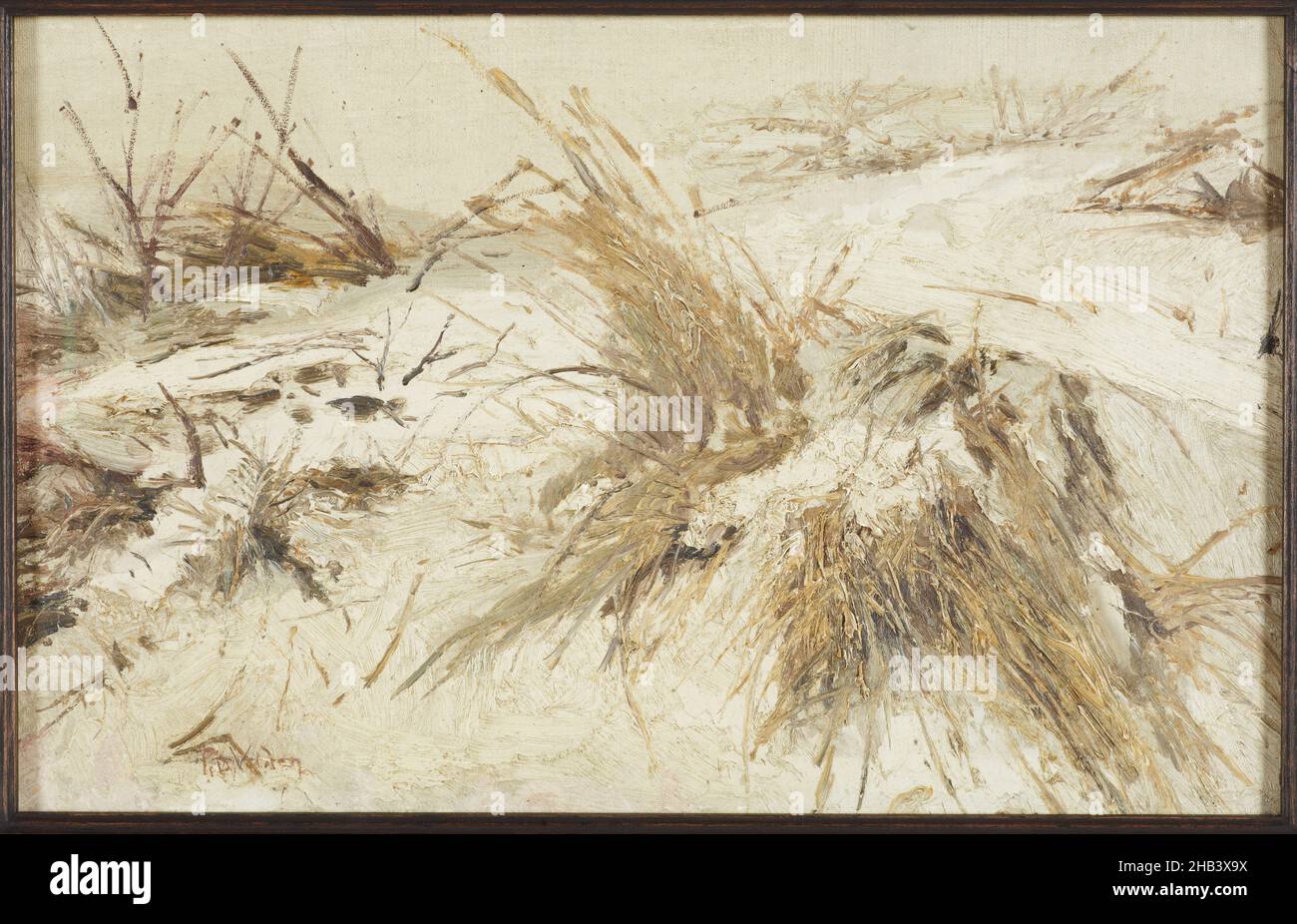 Neige sur les dunes de sable, Petrus van der Velden, artiste, vers 1889-90, la Haye,Cette petite étude modeste des dunes de sable est un travail inhabituel de la collection hollandaise de Van der Velden.Stylistiques, il est plus étroitement lié à ses peintures néo-zélandaises.La surface est vigoureusement travaillée.La peinture est appliquée épaissir et fortement gestuelle.Et le travail est presque monochromatique, utilisant une gamme limitée de blancs et d'ocre Banque D'Images