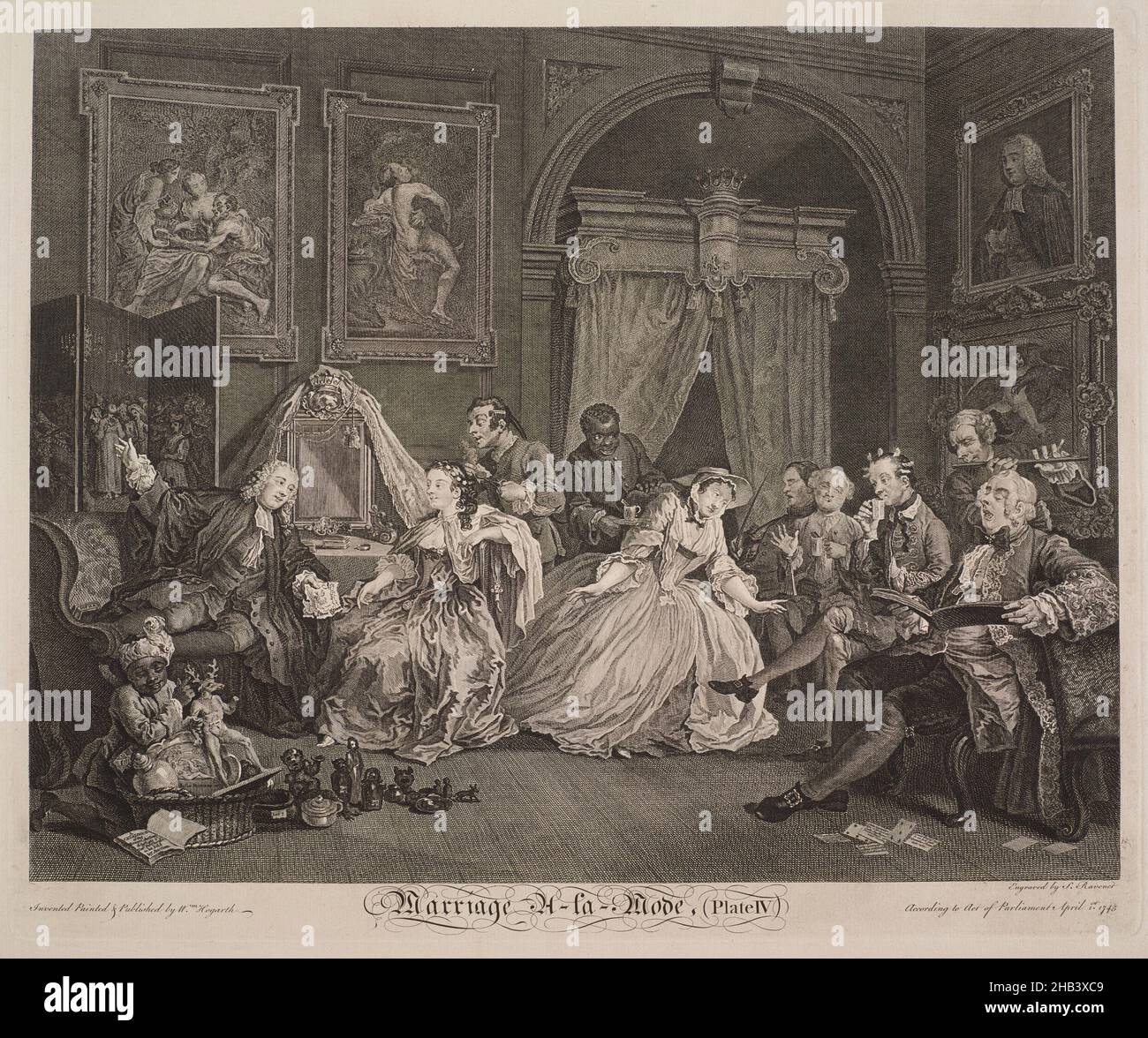Mariage à la-mode.Tôle 4.The toilette, William Hogarth, artiste, 1745,  Grand Londres,Gravure, la quatrième d'une série de six gravures, basée sur  des peintures de William Hogarth (1743-45).Les peintures sont dans la  National Gallery,