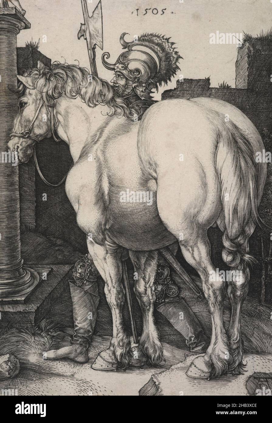 Le grand cheval., Albrecht Dürer, artiste, 1505, Allemagne,La gravure, ainsi que la figure humaine, les chevaux ont joué un rôle important dans l’obsession d’Albrecht Dürer pour la vie avec une beauté et des proportions idéales.Ici, il rivalise avec les maîtres de la Renaissance italienne comme Pisanello, Donatello, Mantegna et Leonardo da Vinci.Bien que appelée le Grand Cheval, cette gravure est en fait l'une des plus petites gravures de Dürer, le titre se référant à la façon dont les harunches musculaires de l'animal dominent l'image Banque D'Images