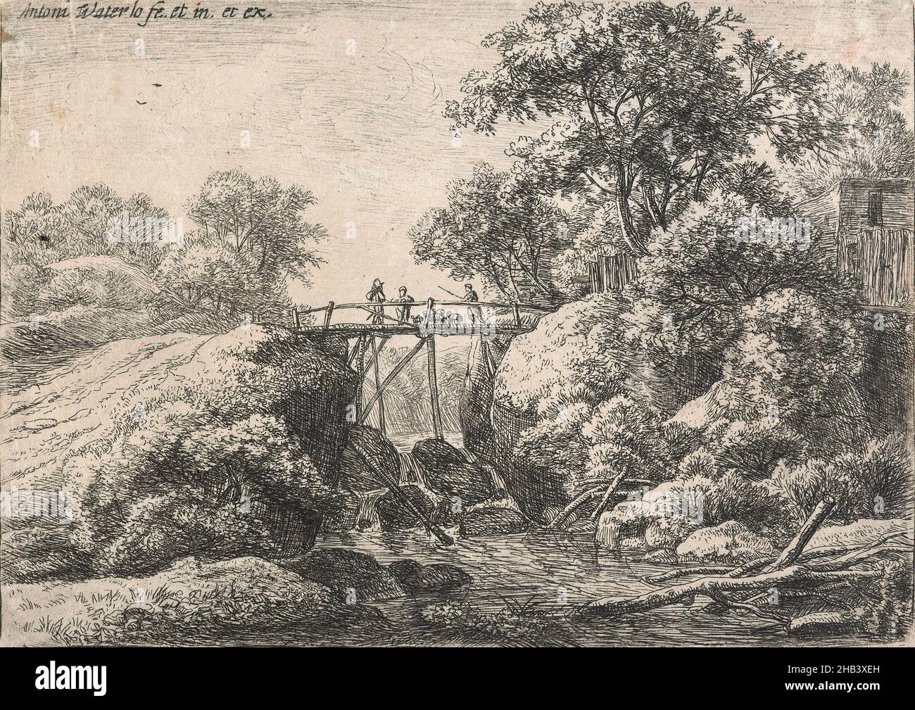 Six paysages : un berger et deux voyageurs sur un pont en bois.(H45), Anthonie Waterloo, artiste, 1640-1690, gravure,Anthonie Waterloo (1609–1690) est un peintre et un graveur de paysage hollandais de l'âge d'or.Il est né à Ryssel, le nom flamand de la ville moderne de Lille près de la frontière franco-belge.Comme aucun dossier de formation formelle en tant qu'artiste n'a été découvert, il a peut-être été autodidacte.Bien qu'enregistré comme peintre, il a eu peu de succès dans la vente de ses propres toiles et s'est soutenu par ses activités comme marchand d'art Banque D'Images