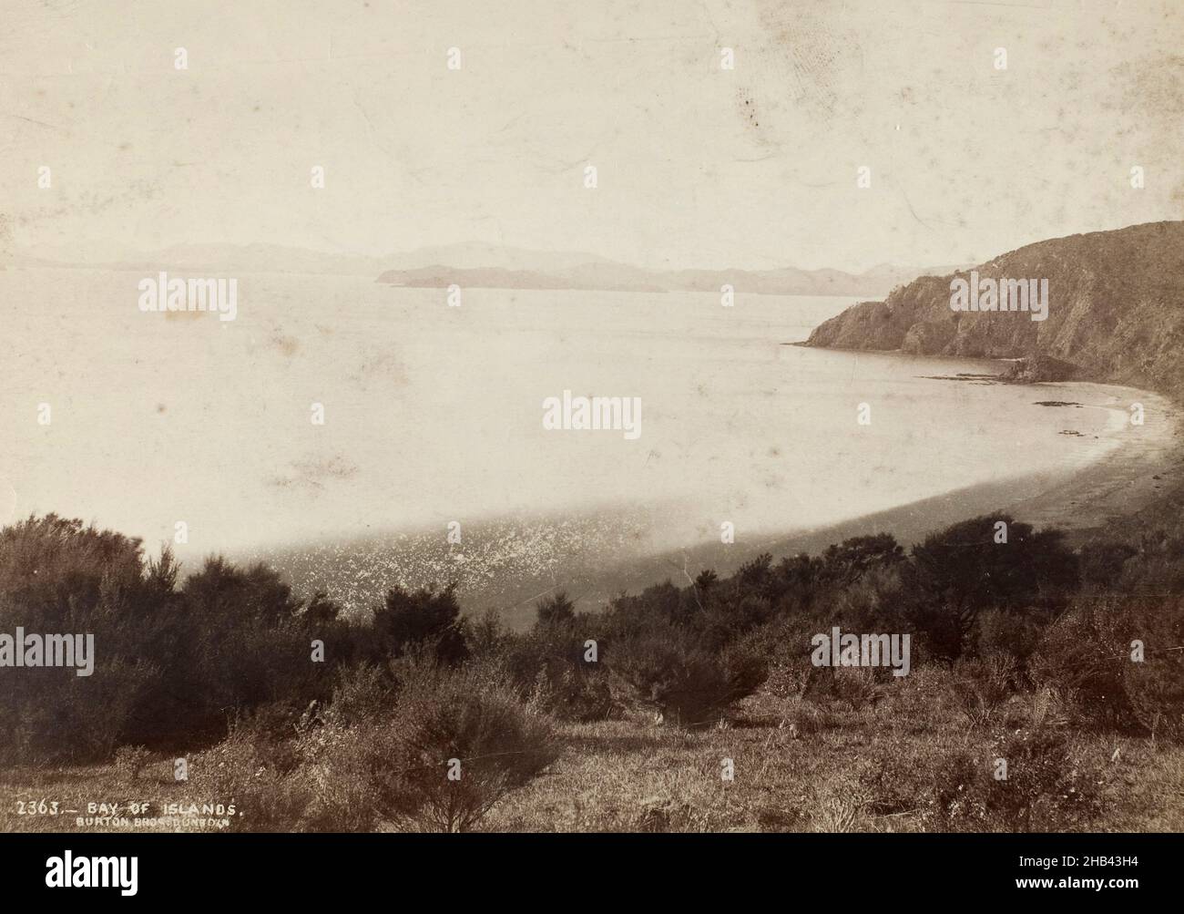 Bay of Islands, Burton Brothers studio, studio de photographie, Nouvelle-Zélande, photographie en noir et blanc,Vue sur la baie des îles depuis le point de vue du sommet de la colline Banque D'Images