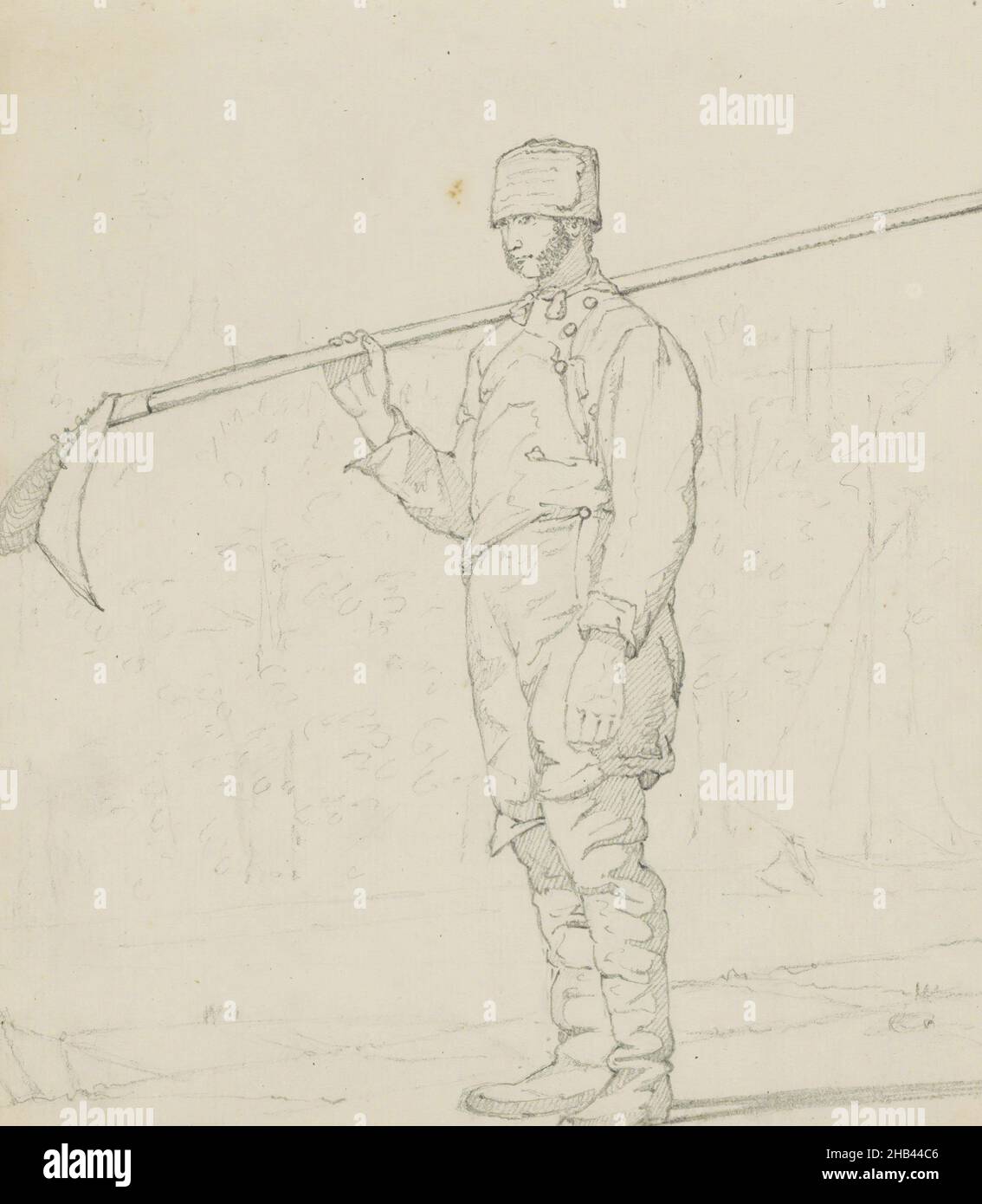 L'homme porte des bottes hautes et peut avoir une scythe sur l'épaule droite.Feuille 11 recto d'un carnet de croquis de 39 feuilles, homme avec un outil agricole, Hendrik Abraham Klinkhamer, 1820 - 1872 Banque D'Images